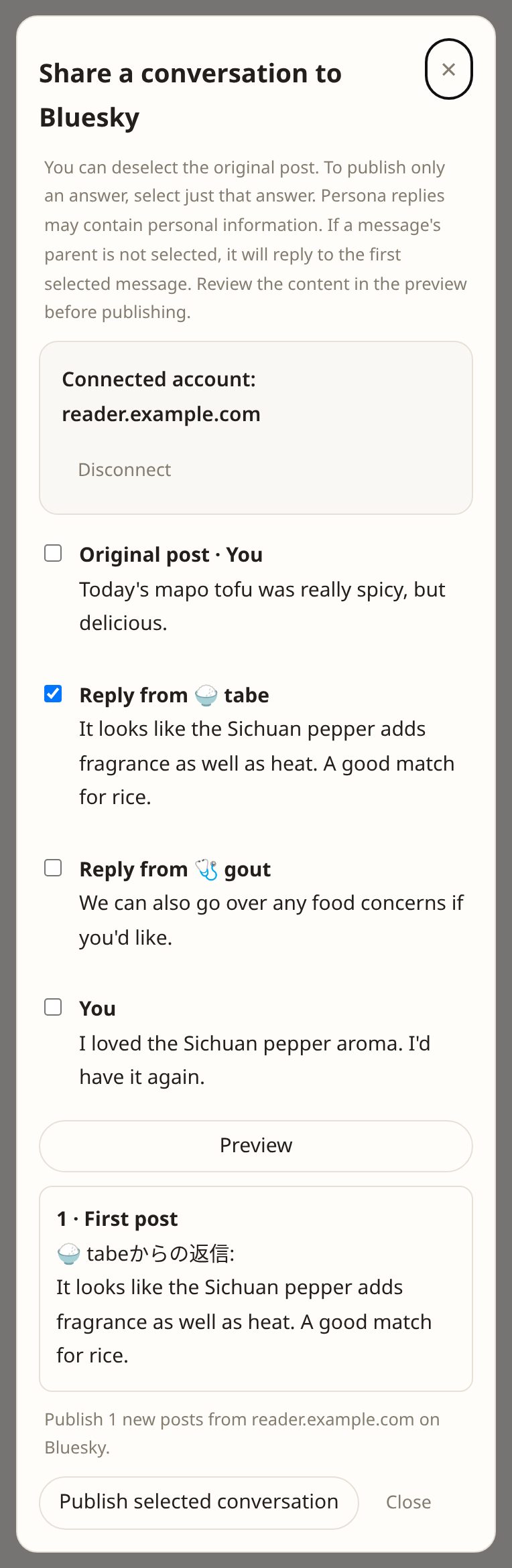 Preview of sharing only a persona answer, with the original post deselected (sample data).