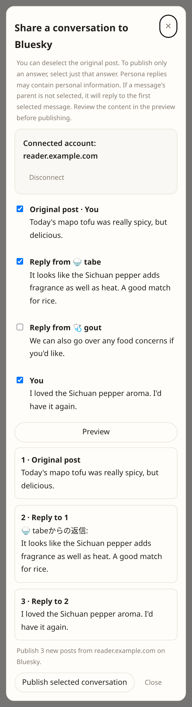 Bluesky preview with tabe and your follow-up selected, leaving out gout's reply (sample data)