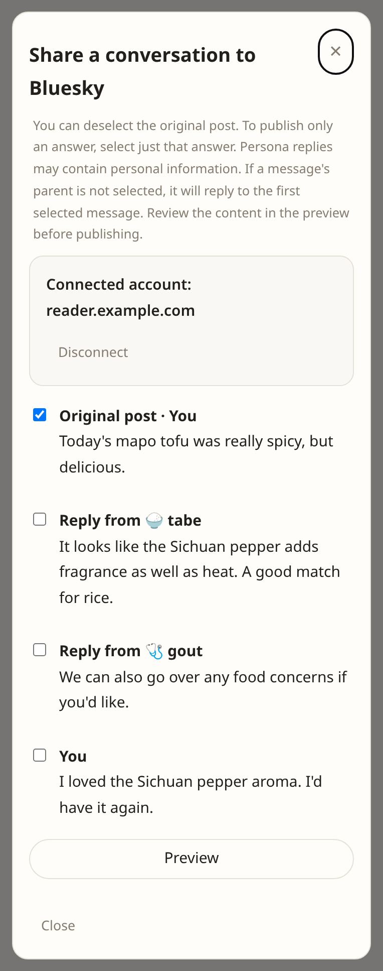 The sharing dialog with only the original post checked and all replies unchecked (sample data)