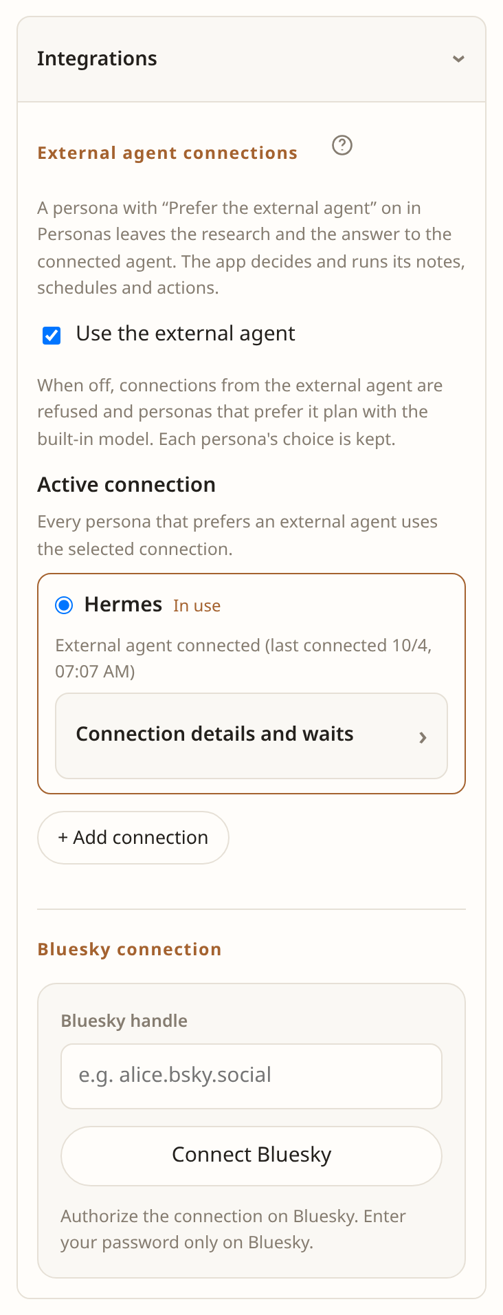 External agent connections under Integrations, with the manual help icon