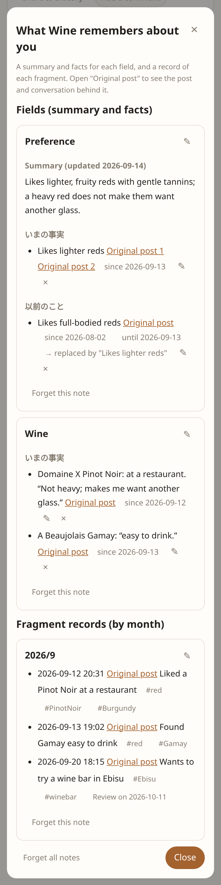A wine persona's preferences and wines, with tags, original post links, the ✎ to edit, and individual deletion (sample data)