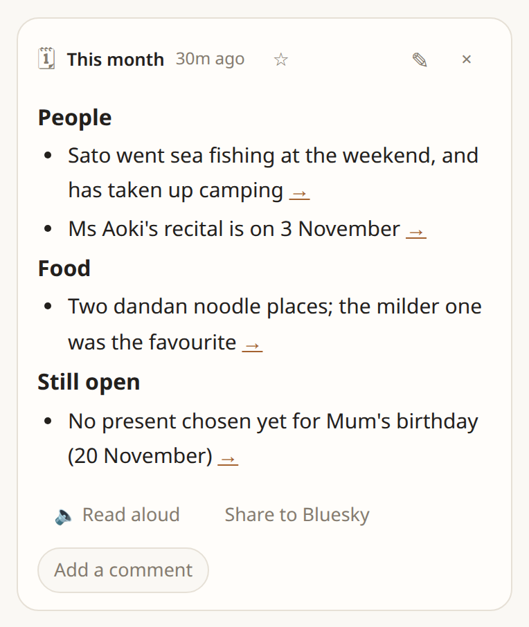 This month's summary posted by the app: bullets for people, food, and upcoming things (sample data)