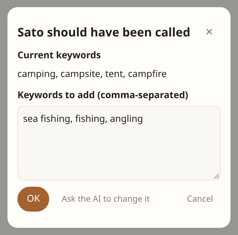 Keywords to add, proposed by the AI from “Apparently going sea fishing this weekend” (sample data)