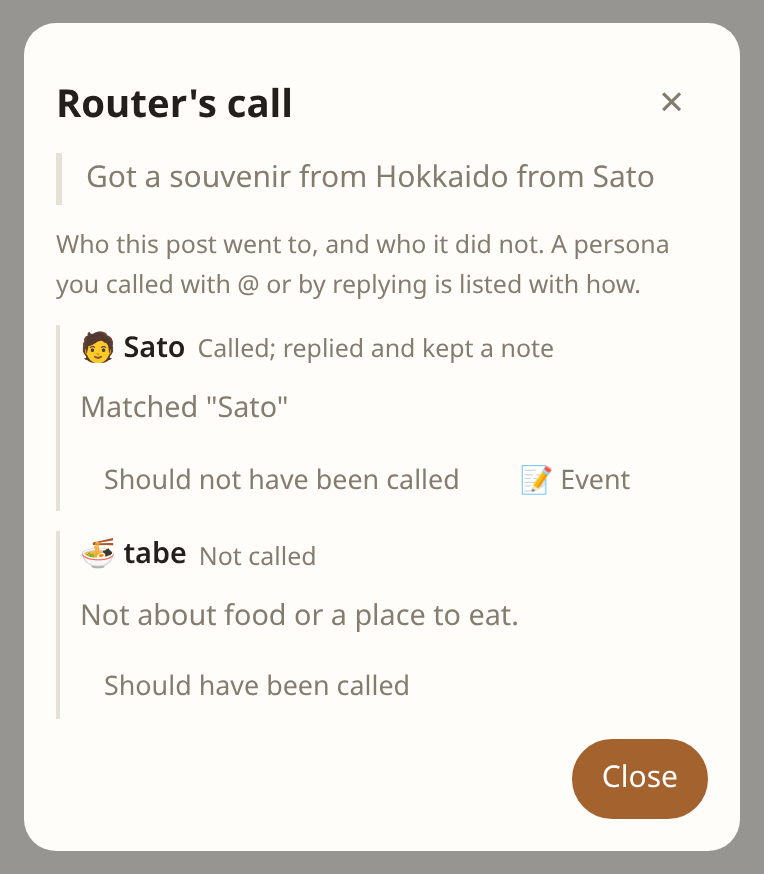 The router's call showing Sato's persona called because the post matched “Sato” (sample data)