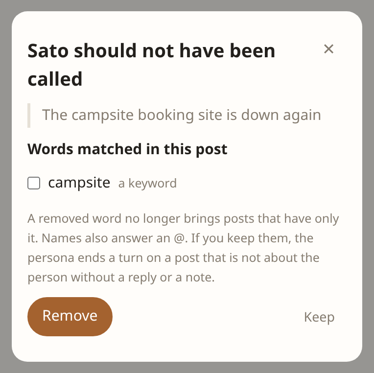 The word matched in “The campsite booking site is down again”, with Remove and Keep (sample data)