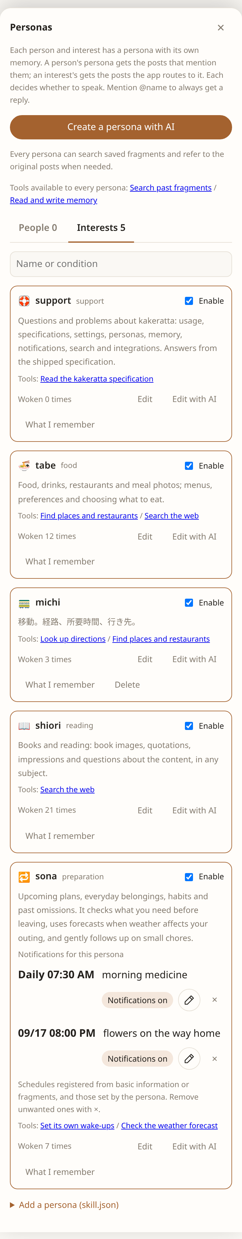 The Personas panel: tabs for people and interests, each persona's tools and notes