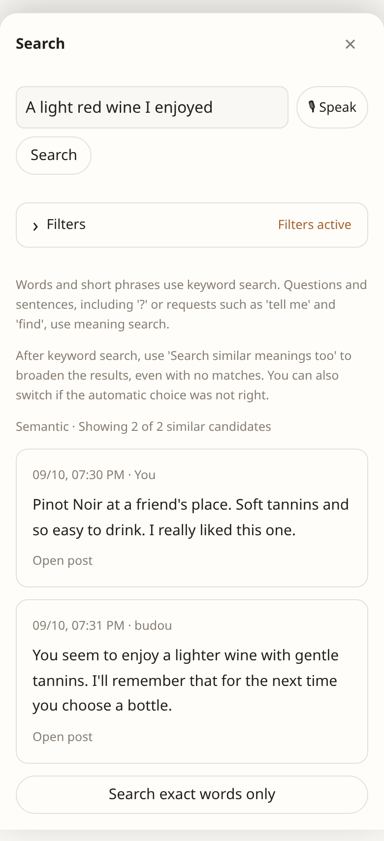 Search results restricted to favorite entries (sample data)