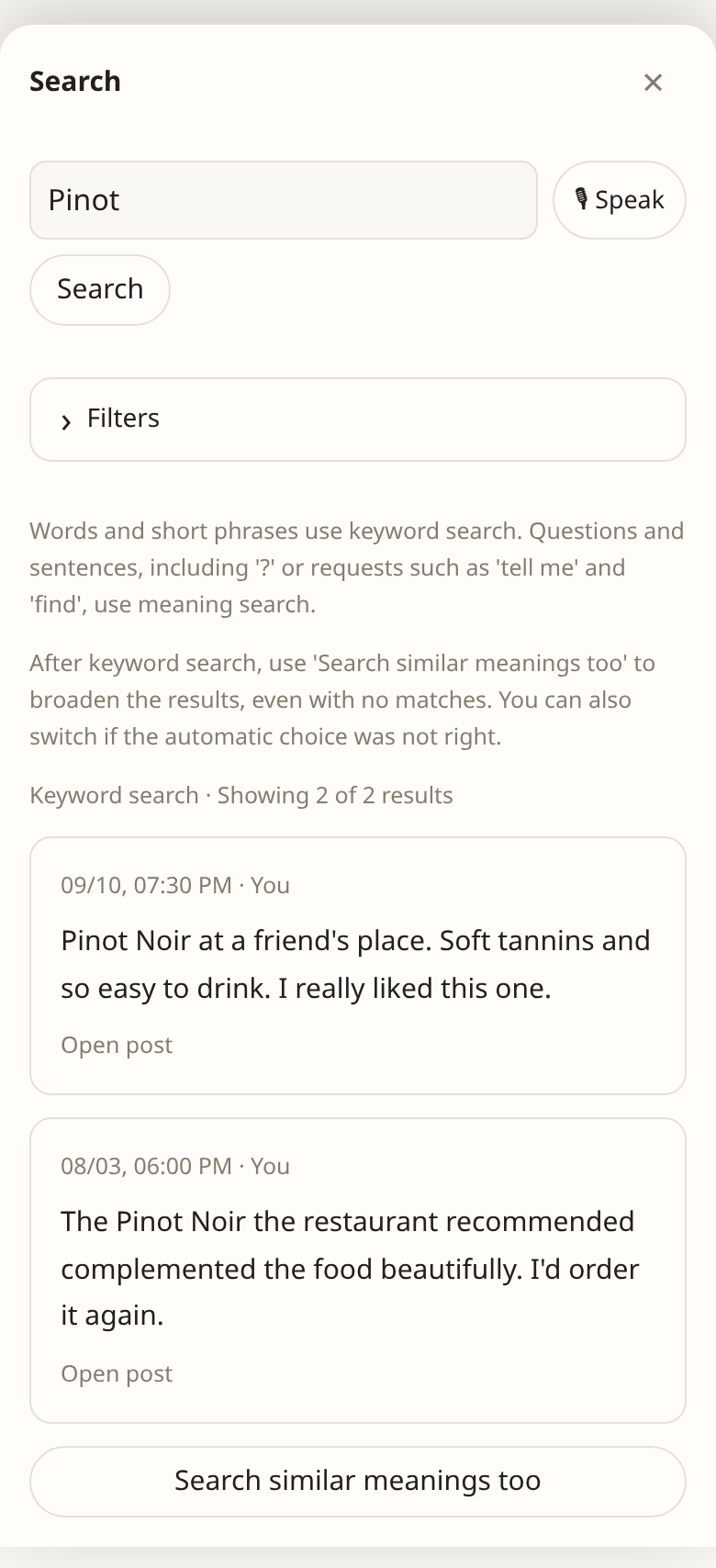 Keyword search for saved posts mentioning Pinot (sample data)