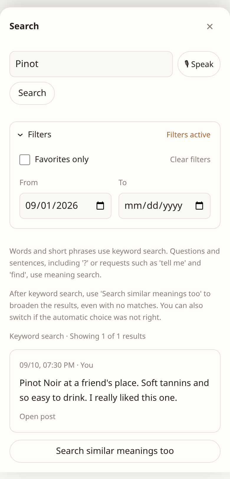 Combine a search term with a date range (sample data).
