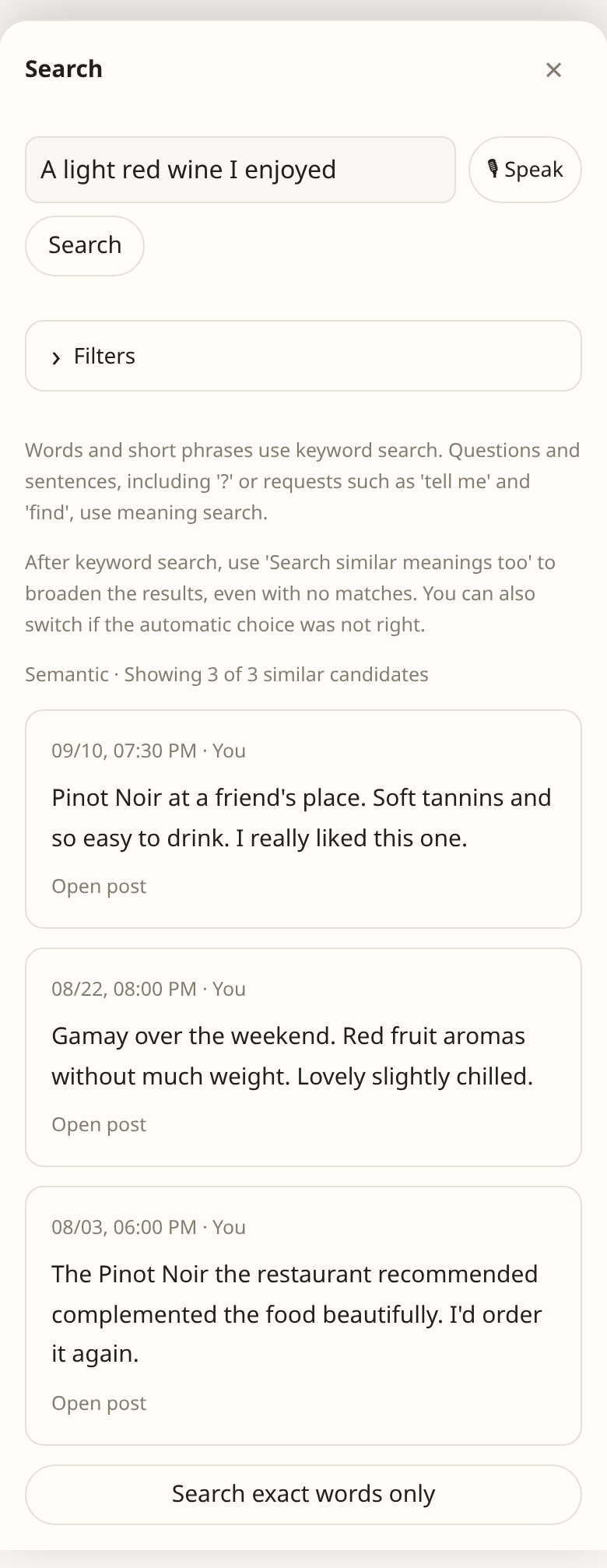 Semantic search for a light red wine you enjoyed (sample data)