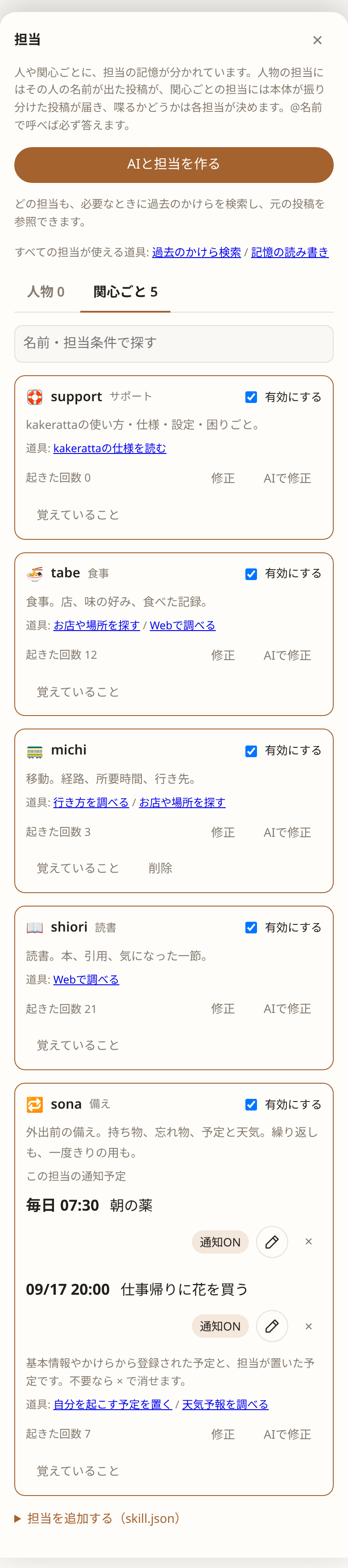 担当の一覧。人物と関心ごとのタブ、それぞれの道具とメモ